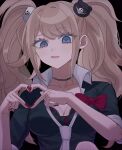  1girl absurdres bear_hair_ornament black_choker black_shirt blonde_hair blue_eyes blush bow breasts choker cleavage collarbone danganronpa:_trigger_happy_havoc danganronpa_(series) enoshima_junko hair_ornament heart heart_hands highres knee_up large_breasts long_hair looking_at_viewer michi_(michiisidayo) nail_polish necktie red_bow red_nails shirt sleeves_rolled_up solo twintails upper_body 