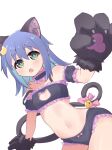  1girl :o animal_ear_fluff animal_ears animal_hands aqua_hair bare_shoulders bell black_bra black_choker black_panties blue_hair blush bow bow_panties bra cat_cutout cat_ears cat_lingerie cat_tail choker cleavage_cutout clothing_cutout colored_inner_hair commentary cosplay cowboy_shot dot_nose flat_chest frilled_bra frilled_choker frilled_panties frills gloves green_eyes hair_between_eyes hair_ornament highres jingle_bell long_hair looking_at_viewer meme_attire multicolored_hair navel non105 onii-chan_wa_oshimai! open_mouth oyama_mahiro oyama_mahiro_(cosplay) panties paw_gloves pink_bow simple_background solo stomach strap_slip tail tail_bell tail_bow tail_ornament tenkawa_nayuta textless_version two-tone_hair underwear underwear_only white_background 