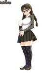  blush braid breasts brown_eyes brown_hair copyright_name covered_nipples full_body glasses large_breasts loafers long_hair looking_at_viewer muneyuki_mathuri original psychic_hearts ryoji_(nomura_ryouji) shoes simple_background skirt solo thighhighs twin_braids white_background zettai_ryouiki 