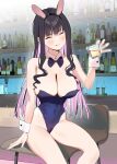  1girl :p ^_^ animal_ears bare_shoulders black_hair blush bottle bow bowtie breasts chair cleavage closed_eyes covered_nipples cup detached_sleeves drinking_glass highres holding holding_cup long_hair multicolored_hair original pink_hair playboy_bunny rabbit_ears sitting smile solo subachi tongue tongue_out two-tone_hair wrist_cuffs 