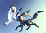  absol alternate_color blue_background bright_pupils claws english_commentary highres likey looking_at_viewer no_humans pokemon pokemon_(creature) red_eyes shiny_pokemon signature umbreon white_fur white_pupils 
