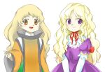  2girls :d blonde_hair closed_mouth detached_sleeves dress elbow_gloves gloves long_hair long_sleeves matara_okina multiple_girls neck_ribbon no_headwear nonamejd official_style open_mouth orange_eyes orange_sleeves orange_tabard puffy_short_sleeves puffy_sleeves purple_dress purple_eyes red_ribbon ribbon short_sleeves simple_background smile tabard touhou wavy_hair white_background white_gloves wide_sleeves yakumo_yukari zun_(style) 