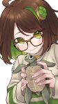  021_shiro 1girl ahoge animal blush brown-framed_eyewear brown_hair closed_mouth colored_inner_hair fang glasses grey_hair highres holding holding_animal looking_at_viewer multicolored_hair original short_hair skin_fang smile solo turtle 