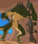 2024 absurd_res anthro armor armored_tail bandage bethesda_softworks blue_sky bodily_fluids carapace cave cel_shading clawed_feet clawed_hands cloud deathclaw desert digitigrade dysart fallout fallout_nv female genital_fluids genitals gesture green_body green_skin gun hi_res holding_gun holding_object holding_rifle holding_weapon horn inside leg_armor licking_teeth looking_at_viewer monster mottled mottled_body mottled_skin mountain muscular muscular_female pointing pointing_at_viewer pussy pussy_juice ranged_weapon rifle scalie shaded sharp_teeth shoulder_armor sky solo solo_focus spines tail teeth weapon yellow_body yellow_eyes yellow_skin