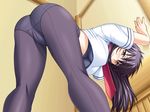  1girl against_wall ass back-seamed_legwear bent_over black_hair blush breasts embarrassed game_cg highres large_breasts legs long_hair looking_at_viewer necktie panties pantyhose red_eyes school_uniform seamed_legwear shironeko_sanbou solo thighs tsuyokiss underwear yashi_nagomi 