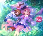  2girls barefoot blue_skirt brown_eyes brown_hair closed_mouth commentary_request day eyelashes fuecoco granbull grass hair_ornament hairclip jacket juliana_(pokemon) knees kutsunohito lacey_(pokemon) long_sleeves looking_at_viewer lying minior minun multiple_girls on_back outdoors pleated_skirt plusle pokemon pokemon_(creature) pokemon_sv purple_hair shirt skirt smile toes white_jacket white_shirt x_fingers yellow_eyes 