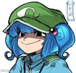  :&gt; black_eyes blue_hair hat kawashiro_nitori short_twintails smile smug solo space_jin touhou troll_face twintails two_side_up upper_body 