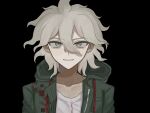  1boy black_background brown_eyes closed_mouth collarbone danganronpa_(series) danganronpa_2:_goodbye_despair green_jacket grey_hair grey_shirt hair_between_eyes highres hood hood_down hooded_jacket jacket komaeda_nagito medium_hair michi_(michiisidayo) open_clothes open_jacket print_shirt shirt simple_background smile solo 