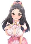  1girl absurdres arm_at_side b1ack_illust black_hair blush bow breasts brown_eyes buttons cleavage commentary_request commission dress flower hair_bow hair_flower hair_ornament hand_on_own_chest highres idolmaster idolmaster_cinderella_girls large_breasts long_hair looking_at_viewer ohnuma_kurumi open_mouth pink_dress pixiv_commission popped_button sidelocks simple_background solo standing tearing_up wavy_mouth white_background 