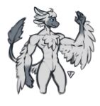 4_ears alternate_species anthro avali barbell_piercing blue_eyes catsby_(catsbym) chest_tuft circular_barbell_piercing colored_sketch digital_media_(artwork) facial_piercing feathered_wings feathers featureless_crotch flat_colors grey_body grey_feathers head_tuft hi_res humanoid_hands male multi_ear muscular muscular_anthro muscular_male navel nose_piercing nude pecs piercing portrait septum_circular_barbell septum_piercing simple_background sketch snout solo tail tail_tuft three-quarter_portrait tuft white_background winged_arms wings wolfade