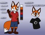 anthro barefoot black_clothing black_nose black_shirt black_t-shirt black_topwear blue_background blue_bottomwear blue_clothing blue_pants blue_shorts bottomwear brown_body brown_fur clothing color_chart detailed_background english_text eyewear feet fur geekfox geekfox_(character) gesture glasses gradient_background male model_sheet on_off_switch orange_body orange_fur pants pattern_clothing pattern_shirt pattern_t-shirt pattern_topwear polo_shirt red_clothing red_polo_shirt red_shirt red_topwear shadow shirt shorts simple_background smile solo t-shirt teeth_showing text topwear waving