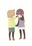  2girls aged_down akiyama_mio ankle_boots black_pantyhose boots child closed_eyes commentary_request crying green_skirt holding_hands hood hooded_sweater k-on! komugiko long_hair long_sleeves multiple_girls pantyhose photoshop_(medium) pleated_skirt pocket short_hair simple_background skirt sweater tainaka_ritsu tears white_background white_skirt 