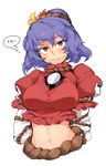  :| arms_behind_back bdsm blush bondage bound breasts closed_mouth hair_ornament iroyopon juliet_sleeves large_breasts long_sleeves looking_at_viewer midriff mirror navel puffy_sleeves purple_hair red_eyes red_shirt rope shimenawa shirt short_hair slit_pupils solo sweatdrop thought_bubble touhou wavy_hair white_background yasaka_kanako 