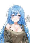  1girl :3 absurdres blue_eyes blue_hair blush breasts cleavage closed_mouth collarbone elie_wayne english_commentary english_text highres jacket jan_azure large_breasts long_hair long_sleeves looking_at_viewer off_shoulder open_clothes open_jacket original simple_background smile solo speech_bubble split_mouth upper_body white_background 