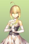  ahoge alternate_costume artoria_pendragon_(all) bad_id bad_pixiv_id bare_shoulders blonde_hair corset dress elbow_gloves fate/stay_night fate/unlimited_codes fate_(series) flower gloves green_eyes lily_(flower) saber saber_lily sky341125290 solo 