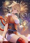  1girl arm_support bandages black_sash blonde_hair breasts brown_eyes chest_sarashi choker cleavage commentary_request fireworks genshin_impact grin highres japanese_clothes kimono large_breasts looking_at_viewer massoukei obi orange_kimono ponytail red_choker sarashi sash short_hair single_bare_shoulder sitting smile solo thighs yoimiya_(genshin_impact) 