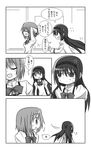  2girls akemi_homura anger_vein bow comic flying_sweatdrops greyscale hair_bow hair_ornament hairband hairclip jazz9207 long_hair mahou_shoujo_madoka_magica miki_sayaka monochrome multiple_girls school_uniform short_hair short_twintails sweatdrop translated twintails 