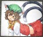  1girl :d absurdres all_fours animal_ear_fluff animal_ears blush brown_eyes brown_hair cat_ears cat_tail chagamaka chen commentary_request double-parted_bangs fang frills from_side gold_trim green_headwear hair_between_eyes half-closed_eyes hat highres long_sleeves midriff mob_cap multiple_tails open_mouth red_skirt red_vest short_hair skin_fang skirt skirt_set smile solo tail touhou traditional_media two_tails vest 