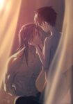  2boys abs arms_behind_back black_hair black_pants blue_eyes brown_background brown_hair completely_nude curtains dated facing_another grey_hair hair_over_one_eye hands_on_another&#039;s_cheeks hands_on_another&#039;s_face hands_up highres kiyonagi knees_up kusanagi_(kiyonagi) long_hair looking_at_another male_focus multiple_boys nipples nude one_eye_covered original pants red_eyes short_hair sitting size_difference standing sunlight sweat yaoi 
