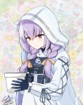  1girl atsuko_(blue_archive) black_gloves blue_archive blush braid closed_mouth dress gloves halo jacket long_hair long_sleeves open_clothes open_jacket purple_hair red_eyes shigure_ryuunosuke signature smile solo twin_braids twitter_username white_dress white_jacket 