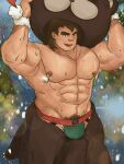  1boy abs animal_costume bara bear_costume brown_hair cosplay cowboy_shot edging_underwear fate/grand_order fate_(series) green_male_underwear highres huge_eyebrows jockstrap large_pectorals looking_at_viewer male_focus male_underwear mature_male muscular muscular_male nanman_shi navel navel_hair nipple_piercing nipple_rings orion_(bear)_(fate) orion_(bear)_(fate)_(cosplay) pectorals piercing removing_mask short_hair solo stomach strongman_waist super_orion_(fate) sweat topless_male underwear very_sweaty 