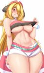  1girl anisdrawn bandeau bare_arms bare_shoulders blonde_hair blue_eyes breasts commentary cosplay cowboy_shot cynthia_(pokemon) grey_eyes hairband highres irida_(pokemon) irida_(pokemon)_(cosplay) large_breasts long_hair looking_at_viewer midriff navel pokemon pokemon_bw pokemon_legends:_arceus red_hairband short_shorts shorts solo standing stomach strapless thick_thighs thighs tube_top underboob very_long_hair white_shorts 