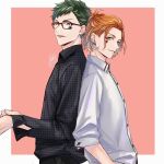  2boys alternate_costume back-to-back black_shirt border cater_diamond closed_mouth clover_facial_mark collared_shirt commentary_request diamond_facial_mark earrings facial_mark glasses green_eyes green_hair hair_up jewelry looking_at_viewer male_focus multiple_boys okurabaakaa open_mouth orange_hair parted_bangs patterned_clothing pink_background shirt short_hair signature simple_background smile trey_clover twisted_wonderland twitter_username upper_body white_shirt yellow_eyes 