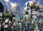  6+girls artist_request bicycle cloud cloudy_sky ground_gm ground_gundam gundam gundam_08th_ms_team holding holding_shield maintenance male_focus mecha mechanic mechanical_arms mechanical_hands mechanical_parts military_vehicle mobile_suit motor_vehicle multiple_girls official_art repairing robot shield sky suspension tank v-fin 