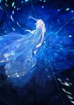  bare_shoulders blonde_hair blue_dress blue_eyes braid dress elsa_(frozen) from_above frozen_(disney) long_dress long_hair see-through shishio single_braid snowflakes solo 