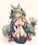  1girl animal_ears black_garter_straps black_thighhighs breasts cleavage closed_mouth collarbone commentary_request garter_straps green_eyes green_hair hair_between_eyes highres kuromiya kuromiya_raika large_breasts long_hair looking_at_viewer multicolored_hair orange_hair original simple_background sitting smile solo thighhighs thighs two-tone_hair wariza yellow_background 