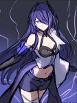  1girl acheron_(honkai:_star_rail) bare_shoulders black_gloves black_shorts breasts cleavage coat commentary_request cowboy_shot elbow_gloves gloves highres honkai:_star_rail honkai_(series) i_a_n large_breasts long_hair looking_at_viewer midriff navel purple_eyes purple_hair short_shorts shorts single_bare_shoulder sketch solo standing stomach thighs unfinished very_long_hair 