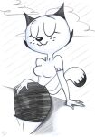 2022 4_fingers anthro arm_support big_breasts big_head biped black_and_white bottomwear breasts closed_smile clothed clothed_anthro clothed_female clothing cloud dark_ears dark_nose dark_whiskers digital_drawing_(artwork) digital_media_(artwork) dipstick_tail domestic_cat extended_arm eyebrows eyelashes eyes_closed felid feline felis female female_anthro fingers freckles freckles_on_face fully_clothed fully_clothed_anthro fully_clothed_female hi_res legs_together long_eyelashes mammal markings mature_anthro mature_female monochrome mother_puss mouth_closed outside portrait pose prick_ears roger_bacon shirt signature sketch skirt small_waist smile solo standing sweater tail tail_markings the_complex_adventures_of_eddie_puss three-quarter_portrait three-quarter_view topwear turtleneck webcomic whiskers wide_hips