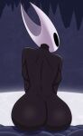 anthro arthropod big_breasts big_butt black_body black_breasts black_butt black_eyes black_neck breasts butt female hi_res hollow_eyes hollow_knight horn hornet_(hollow_knight) hot_spring insect looking_back sitting solo team_cherry water zancu