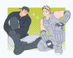  2boys aikawa_(dorohedoro) bara bare_shoulders black_hair blonde_hair colored_tips couple dorohedoro facial_mark grin happy hugging_own_legs looking_at_viewer male_focus medium_sideburns multicolored_hair multiple_boys muscular muscular_male no_eyebrows on_one_knee risu_(dorohedoro) sasaki_(ssk_p3) smile sparkle_background thick_eyebrows thighs two-tone_background yaoi 