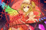  alternate_wings ascot blonde_hair broken broken_chain chain flandre_scarlet full_moon hat hat_ribbon judo_fuu knees_up looking_at_viewer mob_cap moon outstretched_hand parted_lips petals red_eyes red_moon ribbon short_hair short_sleeves side_ponytail sitting skull sky slit_pupils solo star_(sky) starry_sky touhou wings 