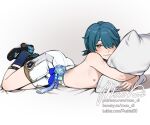  1boy black_footwear blue_hair blue_socks blush closed_mouth commentary english_commentary flower genshin_impact hair_between_eyes looking_at_viewer male_focus nipples pillow pushist00 shorts smile socks solo topless_male white_background xingqiu_(genshin_impact) yellow_eyes 