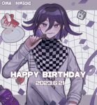  1boy cake checkered_clothes checkered_scarf commentary confetti danganronpa_(series) danganronpa_v3:_killing_harmony dated dice flipped_hair food food_on_face fork grey_jacket grey_pants hair_between_eyes hand_up happy_birthday highres holding holding_fork jacket looking_at_viewer male_focus michi_(michiisidayo) oma_kokichi pants pink_eyes purple_hair scarf smile solo strawberry_shortcake 