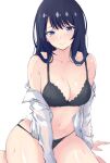  1girl absurdres black_bra black_hair black_panties blue_eyes blush bra breasts cleavage collarbone frilled_bra frills gridman_universe highres matcha_latte midriff navel open_clothes open_shirt panties sitting ssss.gridman string_panties takarada_rikka underwear wariza 