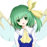  ascot blouse breasts colored_eyelashes daiyousei fairy_wings green_eyes green_hair hair_ribbon head_tilt highres looking_at_viewer medium_breasts open_mouth ribbon short_hair short_sleeves side_ponytail simple_background solo touhou upper_body white_background wings yuegatobu 