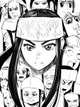 1girl :d :i ainu angry asirpa closed_mouth cropped_head disgust frown gegegekman golden_kamuy hairband highres long_hair looking_at_viewer monochrome multiple_views nervous_sweating open_mouth sidelocks smile snot solo sweat white_background 
