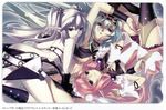  agarest_senki agarest_senki_(series) arm_up breasts dyshana_(agarest_senki) ellis_(agarest_senki) fyuria_(agarest_senki) green_hair grey_eyes hair_ornament hairband hirano_katsuyuki long_hair looking_back medium_breasts multiple_girls official_art pale_skin pink_hair pointy_ears purple_eyes silver_hair smile thigh_strap thighhighs twintails underboob wrist_cuffs 