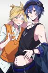  2boys absurdres arm_over_shoulder black_shirt black_tank_top blonde_hair blue_eyes blue_hair blue_nails blush clothes_lift collared_shirt dark_blue_hair earrings hair_between_eyes hand_under_clothes hand_under_shirt highres jewelry kagamine_len kaito_(vocaloid) looking_at_another looking_at_viewer multiple_boys off_shoulder pants parted_lips pawpawrim project_sekai shirt shirt_lift short_hair sleeveless sleeveless_sweater standing sweat sweater t-shirt tank_top upper_body vocaloid white_background white_shirt yaoi yellow_nails 