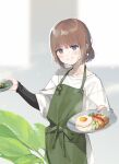  1girl :d absurdres apron blue_eyes blush brown_hair egg food fried_egg fuzuki_fuuro grin highres original ponytail rice short_hair smile solo sweat 