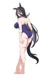  1girl absurdres ahoge alternate_costume animal_ears ass bails bare_arms bare_legs bare_shoulders barefoot black_hair blank_stare blue_one-piece_swimsuit blush breasts closed_mouth collarbone commentary_request competition_school_swimsuit double-parted_bangs earrings from_above full_body hair_between_eyes hands_on_own_thighs highres horse_ears horse_girl horse_tail jewelry large_breasts long_hair looking_at_viewer multiple_scars one-piece_swimsuit red_eyes scar scar_across_eye scar_on_face school_swimsuit simple_background single_earring solo straight_hair sunday_silence_(racehorse) swimsuit tail thighs umamusume white_background 