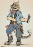 anthro bethesda_softworks canid canine clothed clothing digitigrade explosives fallout footwear forked_tongue grenade hybrid kerchief male mammal neckerchief night_stalker_(fallout) rattle_(anatomy) reptile rhaenjarr scalie simple_background snake solo standing tongue torn_clothing torn_footwear weapon
