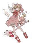  1girl adjusting_clothes adjusting_headwear arm_up bow bowtie brown_hair cardcaptor_sakura dress feathered_wings frilled_dress frilled_gloves frilled_socks frills full_body gloves green_eyes hat holding holding_staff kero kinomoto_sakura kneehighs mage_staff nocoyaki open_mouth petticoat pink_dress pink_headwear puffy_short_sleeves puffy_sleeves red_bow red_bowtie red_footwear shoes short_hair short_sleeves simple_background smile socks staff white_background white_gloves white_socks white_wings wings 