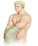  1boy absurdres bara blonde_hair brown_eyes closed_mouth completely_nude deer3art dungeon_meshi highres laios_thorden large_pectorals male_focus muscular muscular_male nude pectorals shirt short_hair simple_background solo undressing upper_body white_background white_shirt 
