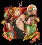  1boy absurdres antlers apymian bara blonde_hair character_print christmas cowboy_shot finger_in_own_mouth gift goatee_stubble gyee highres holding horns inset_border large_pectorals male_focus merchandise merry_christmas muscular muscular_male nipples original pectorals reindeer_antlers romg scar scar_across_eye self_character_print shirt short_hair sidepec sleeveless sleeveless_shirt snowman solo thick_eyebrows tongue tongue_out undercut zipper 