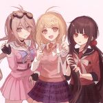  3girls ahoge akamatsu_kaede antenna_hair black_gloves black_sailor_collar blush bow bowtie brown_hair clenched_teeth collared_shirt d: danganronpa_(series) danganronpa_v3:_killing_harmony fingerless_gloves fu_ga_(vivi912912) gloves goggles goggles_on_head grey_bow grey_bowtie harukawa_maki highres iruma_miu long_sleeves low_twintails miniskirt mole mole_under_eye multiple_girls necktie o-ring orange_necktie pink_eyes pink_shirt pink_skirt pink_sweater_vest plaid plaid_skirt pleated_skirt pointing pointing_at_viewer purple_skirt red_eyes red_scrunchie red_shirt sailor_collar scrunchie shirt skirt smile sweater_vest teeth twintails white_shirt 