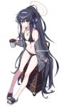  1girl arm_support bandaid bandaid_on_foot bare_shoulders bikini black_bikini blue_archive blue_eyes blue_ribbon blush cardigan closed_mouth crossed_bangs cup full_body grey_cardigan hair_ribbon halo hand_up highres holding holding_cup ice ice_cube jewelry kuroninsensei leaning_on_object long_hair long_sleeves looking_at_viewer navel necklace no_socks official_alternate_costume official_alternate_hairstyle open_cardigan open_clothes pendant ponytail ribbon rolling_suitcase sandals sidelocks simple_background sleeves_past_wrists smile solo stomach suitcase swimsuit twitter_username ui_(blue_archive) ui_(swimsuit)_(blue_archive) very_long_hair white_background 